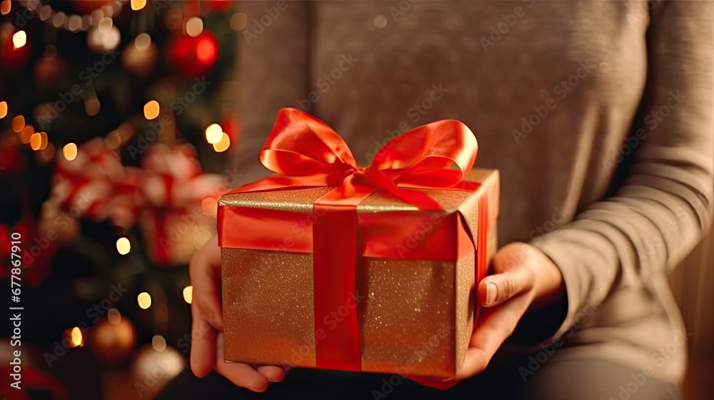 Woman holding Christmas gift, ai generative Woman holding Christmas gift, ai generative