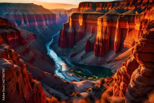 The vibrant colors of a canyon at sunrise, as the first light transforms the landscape into a work of art photo