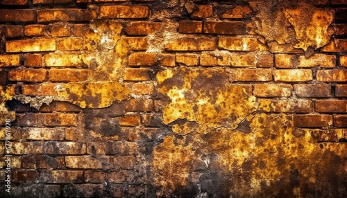 Weathered brick wall with rusty stains creates abstract backdrop generated by AI