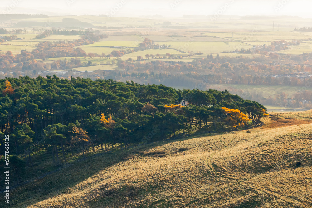 Rolling hills of the Scottish Highlands in colourful autumn with trail and view to fields and towns in light fog. Colourful vibrant trees and woodland