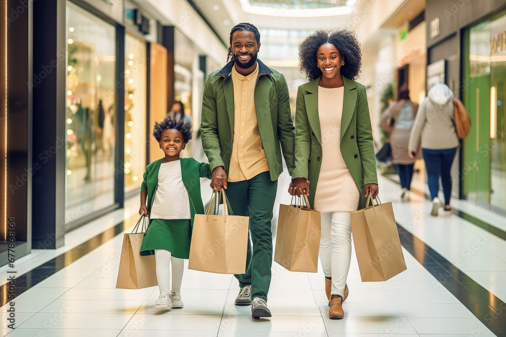 Happy African American family in a store with purchases. Family in green clothes.