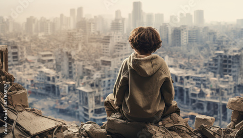a young boy looking out over a destroyed city in ruins