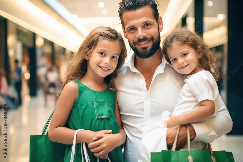 Happy Italian family father and daughters shopping in a store. Happy Italian family father and daughters shopping in a store.