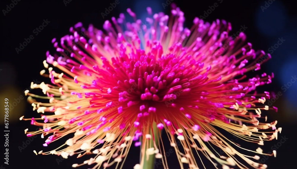 Glowing purple gerbera daisy, delicate fragility illuminated on black background generated by AI Glowing purple gerbera daisy, delicate fragility illuminated on black background generated by AI