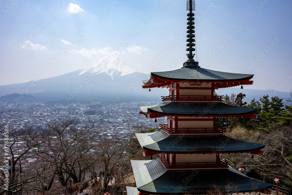 Traditional Japanese Pagoda with the Backdrop of Mount Fuji