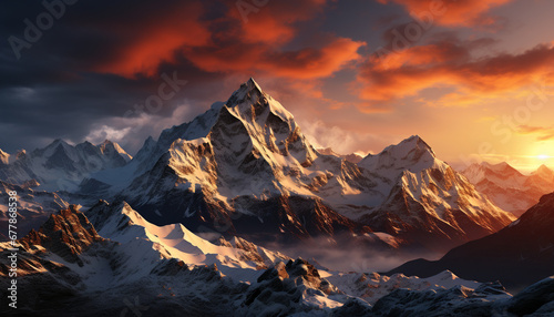 Snow capped mountain peak shines under sunrise sky generated by AI