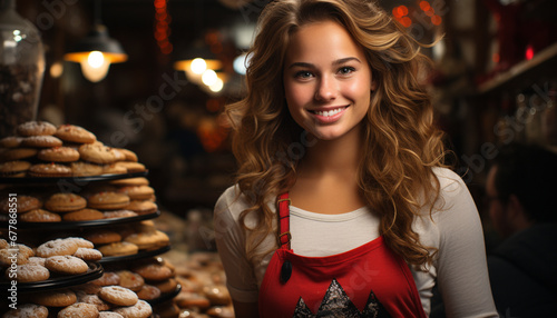 Smiling woman in retail store holding baked goods generated by AI