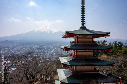 Traditional Japanese Pagoda with the Backdrop of Mount Fuji