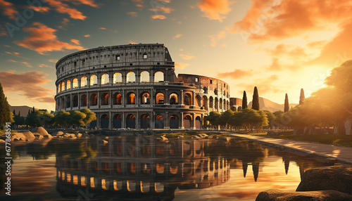 Famous architecture reflects history in ancient ruins, illuminated by sunset generated by AI