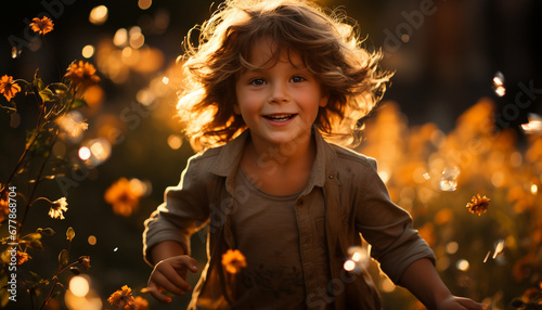 Smiling child enjoys Christmas lights in the dusk generated by AI