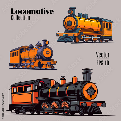 A set of vector drawings showcasing classic steam locomotive engines