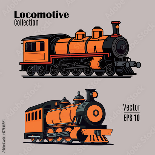 Vector graphics set depicting vintage steam locomotive engines.