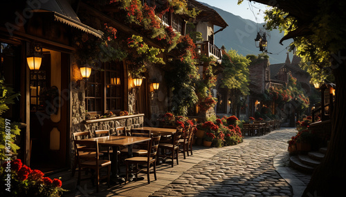 Outdoor night, wood lantern illuminates rustic chair, flower, and nature generated by AI