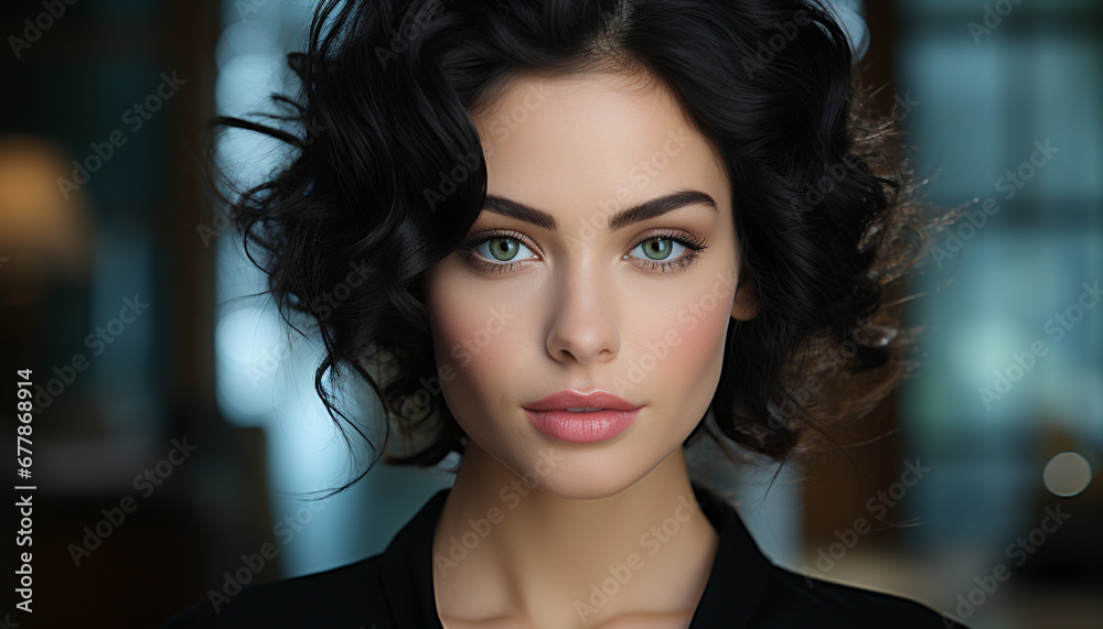 Naklejka premium Beautiful woman with brown hair looking at camera generated by AI