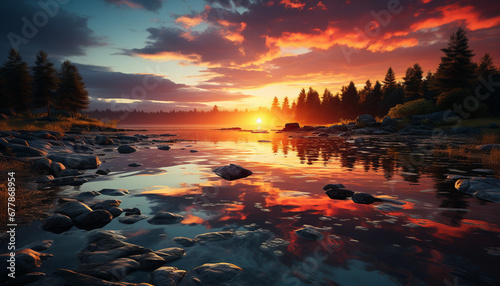 Tranquil scene sunset over mountain range, reflecting in calm waters generated by AI