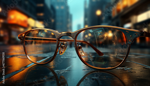 Eyesight reflected in sunglasses, cityscape background, modern elegance illuminated generated by AI