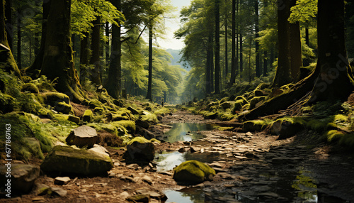 Tranquil scene of a forest with flowing water generated by AI