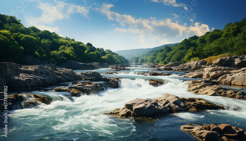 Majestic mountain range, flowing water, tranquil scene generated by AI © Jemastock