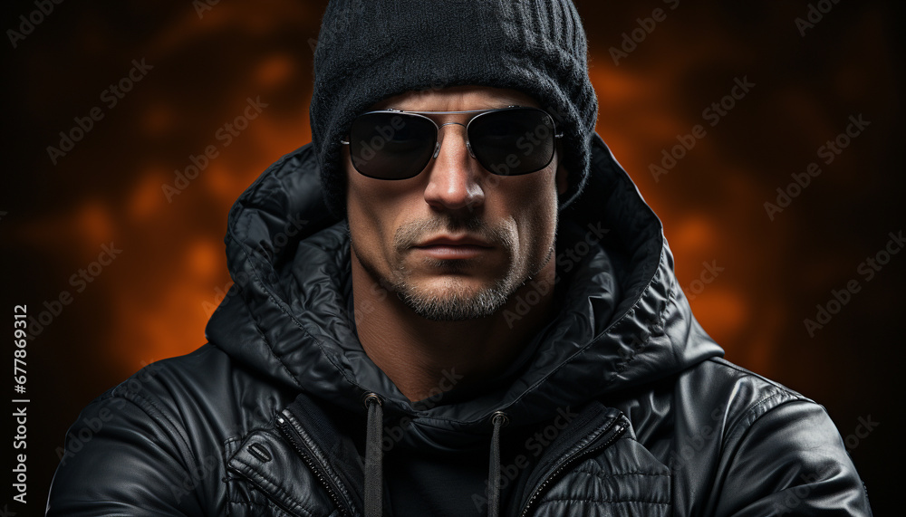 Young adult male in sunglasses, looking at camera generated by AI