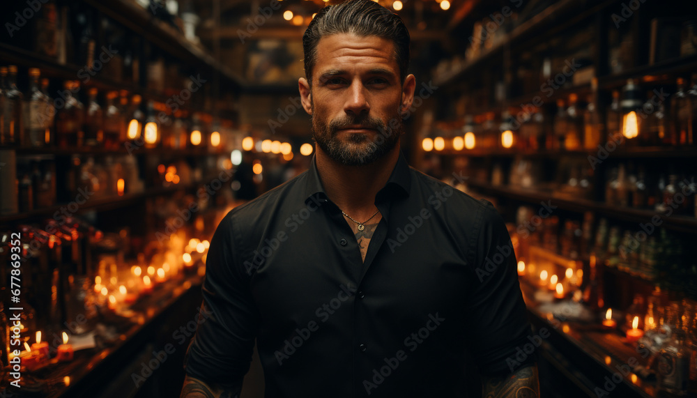 Young adult Caucasian man standing indoors holding drink generated by AI Young adult Caucasian man standing indoors holding drink generated by AI