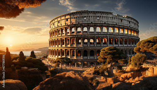 Famous sunset illuminates ancient ruins, majestic cityscape, and historic architecture generated by AI