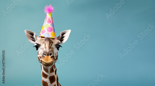 Funny giraffe in a birthday paper cone cap.