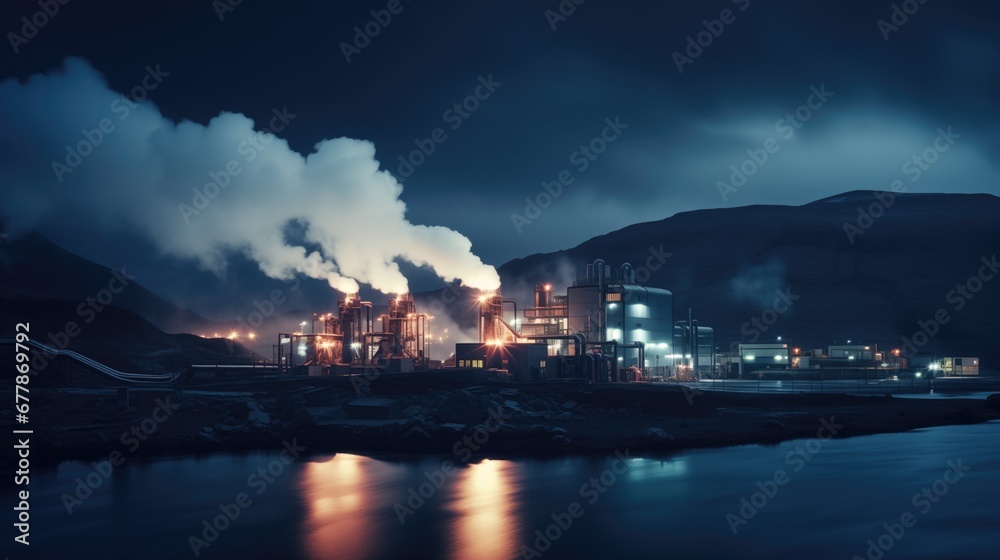View of a geothermal energy production plant or a green power generation factory generating water vapor at night.