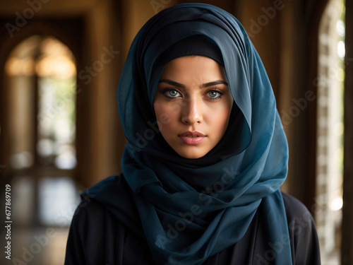 Mujer con Hijab Azul con Mirada Penetrante en Interior Arquitectónico photo