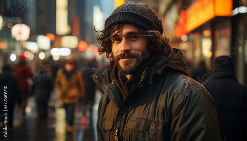 Young adult man walking in the city at night generated by AI