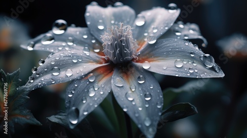 Macro image of a delicate grey flower with its petals covered in dew and water droplets
