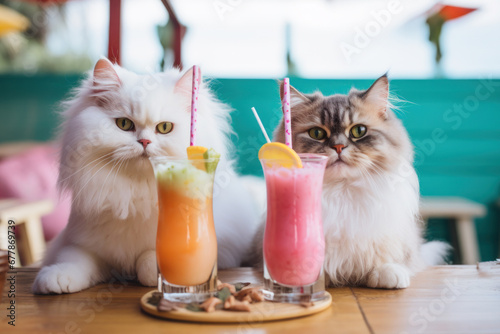 Two cute persian cats drinking colorful summer cocktails garnished with fruits. Tropucal vacation photo