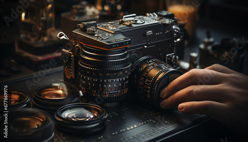 Photographer holding old SLR camera, capturing close up photography themes generated by AI photo
