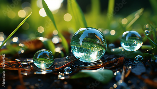 Fresh green leaf reflects dew, nature vibrant, transparent, shiny sphere generated by AI