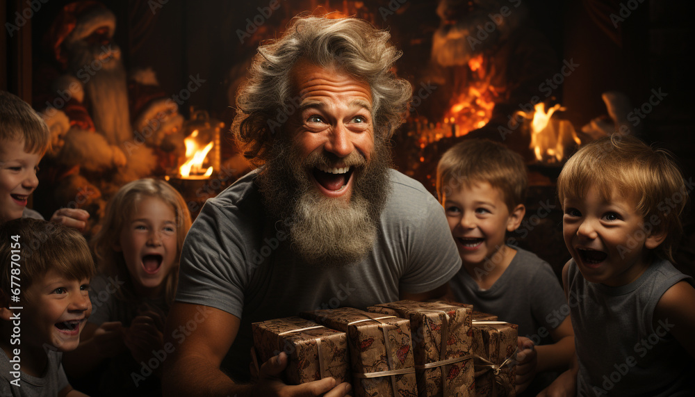 Obraz premium A joyful family celebrates Christmas by the fire generated by AI