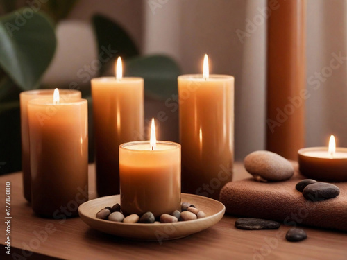 Sensitive focus scented candles on table in spa room Beautiful composition with warm brown tones.