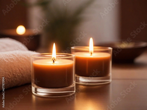 Sensitive focus scented candles on table in spa room Beautiful composition with warm brown tones.