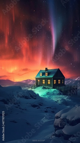 northern lights Aurora Borealis over cabin under snow