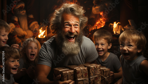 A joyful family celebrates Christmas by the fire generated by AI