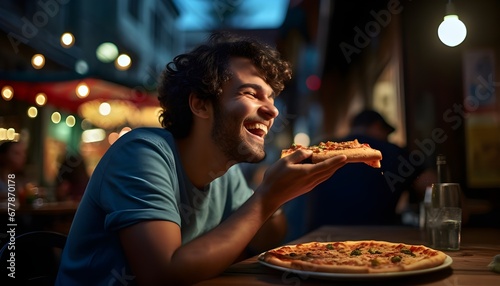 Young man eating a slice of pizza outside a pizzeria photo