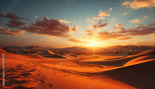 Sunset over the arid African sand dunes generated by AI