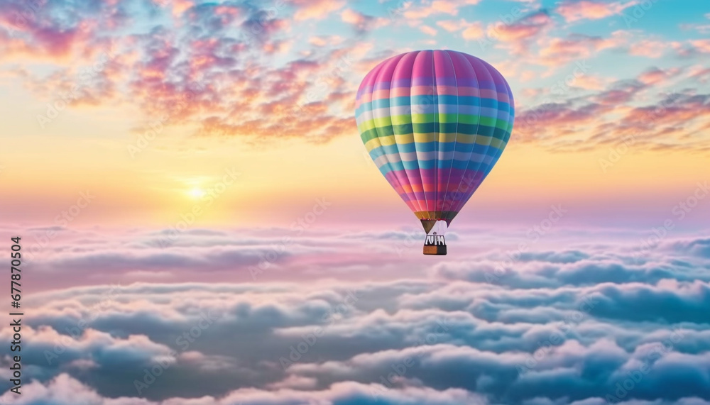 Naklejka premium Multi colored hot air balloon soars high in purple mountain sky generated by AI