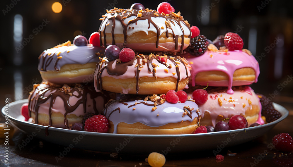 Freshly baked gourmet chocolate donut with colorful icing generated by AI