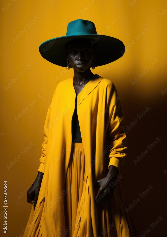 A vibrant and creative portrait of a beautiful African woman model in a fashionable outfit complemented by a wide-brimmed hat. Contemporary African fashion and style.