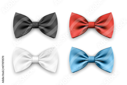 Vector 3d Realistic Black, White, Red, Blue Bow Tie Set Isolated on White Background. Silk Glossy Bowtie, Tie Gentleman. Mockup, Design Template. Bow Tie for Man. Mens Fashion, Fathers Day Holiday