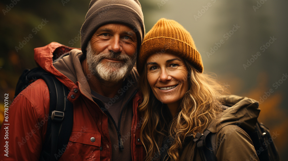senior couple hiking in mountains