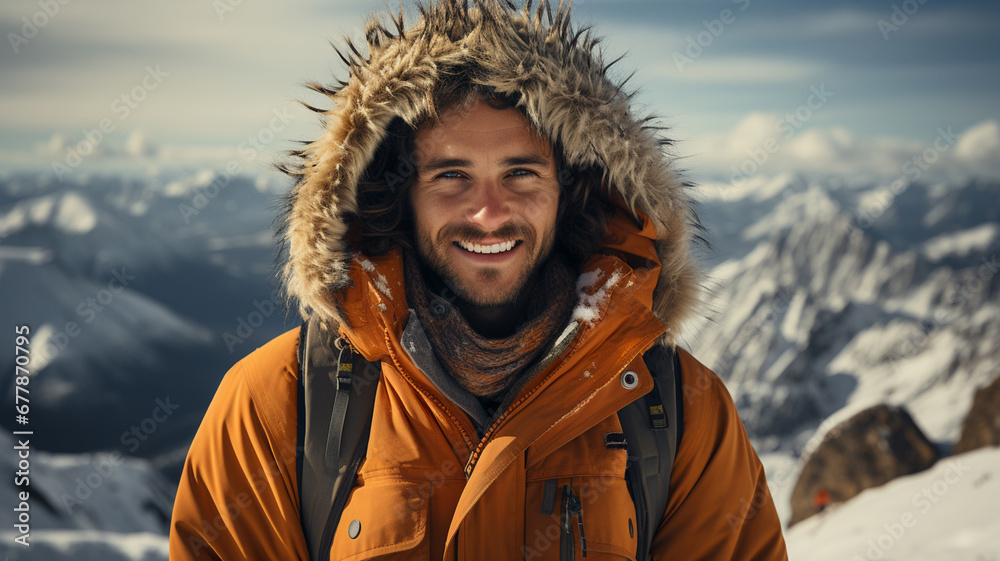 portrait of a bearded man in winter clothes and a hat standing on the snow in the mountains portrait of a bearded man in winter clothes and a hat standing on the snow in the mountains