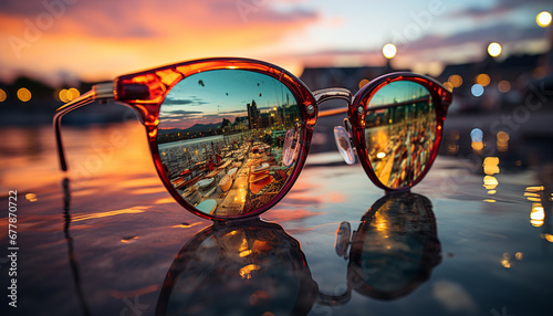 Sunglasses reflect sunset, summer outdoors, nature close up, water vacations generated by AI