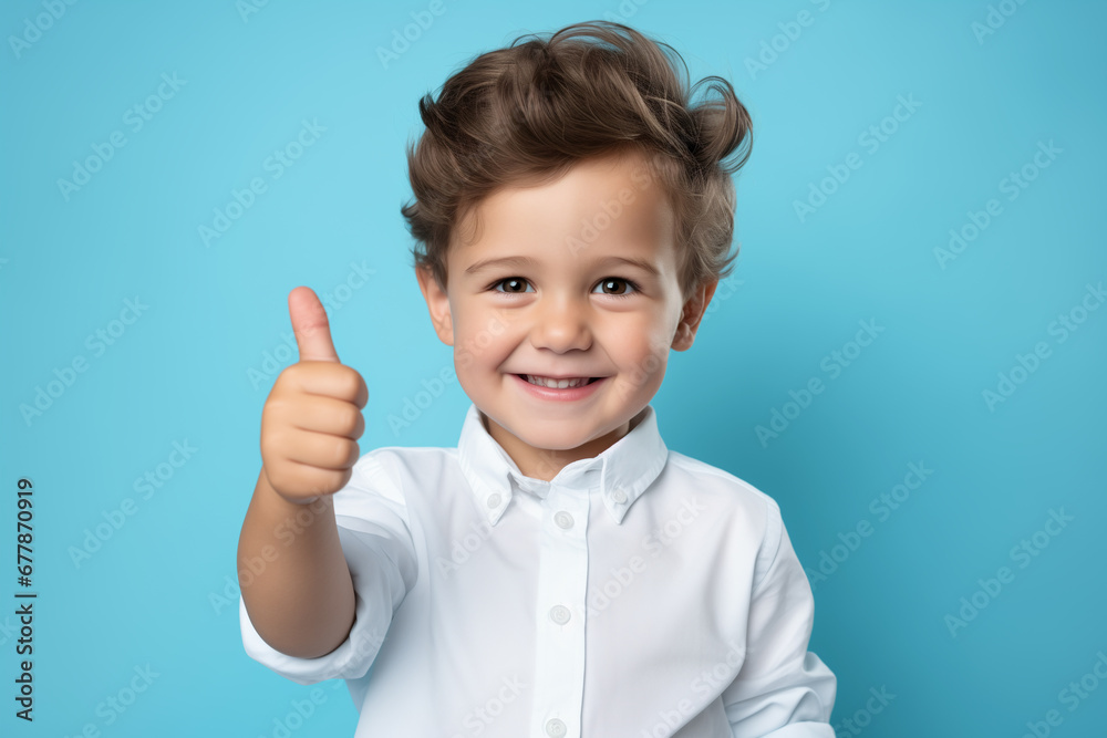 Boy wearing in a shirt standing over isolated blue background doing happy thumbs up gesture with hand. Boy wearing in a shirt standing over isolated blue background doing happy thumbs up gesture with hand.