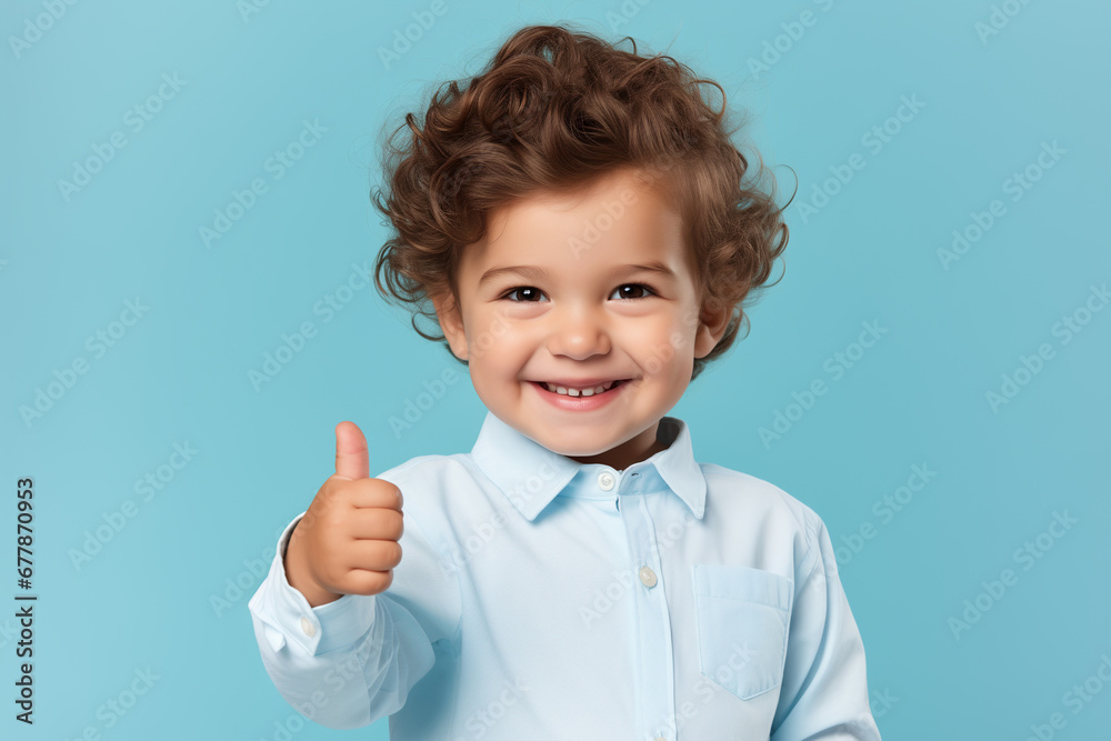 Boy wearing in a shirt standing over isolated blue background doing happy thumbs up gesture with hand. Boy wearing in a shirt standing over isolated blue background doing happy thumbs up gesture with hand.