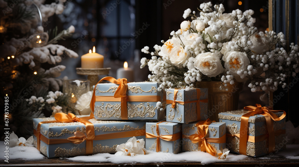 christmas background with gift boxes, fir branches on the wooden table christmas background with gift boxes, fir branches on the wooden table